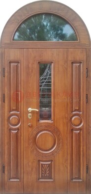 Двустворчатая железная дверь МДФ со стеклом в форме арки ДА-52 в Красноармейске