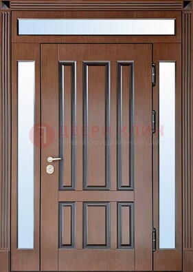 Железная дверь со стеклом и фрамугами в коричневом цвете ДФГ-8 в Красноармейске