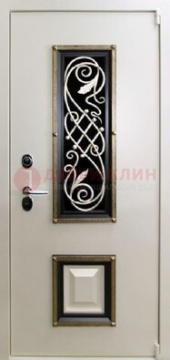 Белая стальная дверь с ковкой со стеклопакетом и МДФ ДК-30 в Красноармейске