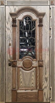 Железная дверь с массивом дуба со стеклом и ковкой ДМД-47 в Красноармейске