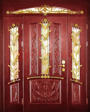 Бордовая железная парадная дверь со стеклом и ковкой ДПР-75 в Красноармейске