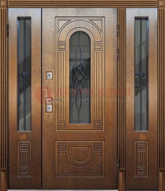 Коричневая стальная парадная дверь с фрамугой ДПР-84 в Красноармейске