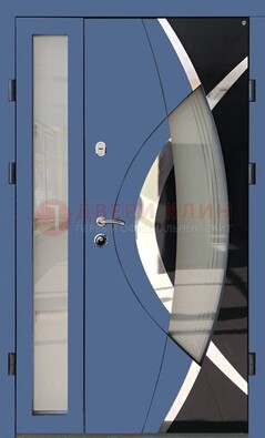 Синяя металлическая дверь со стеклом и узором ДС-13 в Красноармейске
