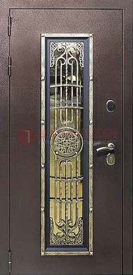 Железная дверь цвета медный антик со стеклом и ковкой ДСК-105 в Красноармейске