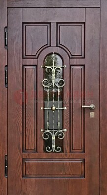 Cтальная дверь со стеклом и ковкой в коричневом цвете ДСК-119 в Красноармейске