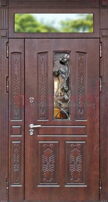 Коричневая железная дверь со стеклом и ковкой на улицу ДСК-127 в Красноармейске