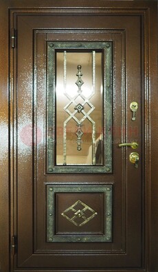 Теплая входная дверь со стеклом и ковкой разноцветной ДСК-13 в Красноармейске