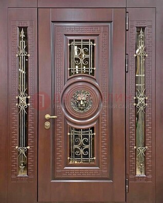 Коричневая стальная дверь со стеклом и ковкой ДСК-147 с фрамугами в Красноармейске