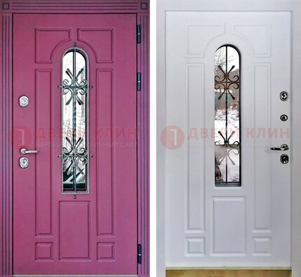 Розовая металлическая дверь со стеклом и ковкой ДСК-151 в Красноармейске