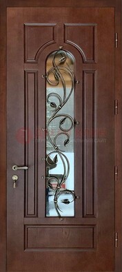Коричневая наружная дверь со стеклом и ковкой для дома ДСК-159 в Мурино