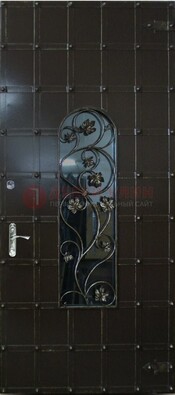 Высокая железная дверь со стеклом и ковкой ДСК-15 в Домодедово