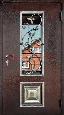 Коричневая стальная дверь порошок со стеклом и ковкой ДСК-163 в Красноармейске