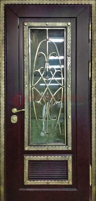 Темная уличная дверь порошок со стеклом и ковкой ДСК-167 в Красноармейске