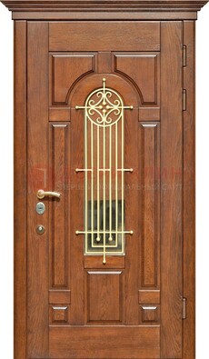Коричневая железная дверь винорит со стеклом и ковкой ДСК-189 в Красноармейске