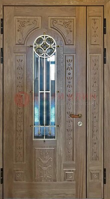 Полуторная стальная дверь стекло с ковкой и узором ДСК-200 в Красноармейске