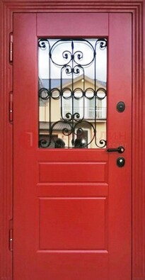 Красная железная дверь Винорит со стеклом и ковкой ДСК-205 в Красноармейске