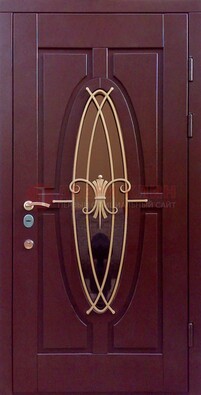 Бордовая стальная дверь Винорит со стеклом и ковкой ДСК-263 в Красноармейске