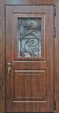 Железная дверь Винорит стекло и ковка с цветом под дерево ДСК-266 в Выборге