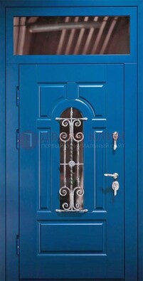 Синяя железная филенчатая дверь со стеклом и ковкой ДСК-97 в Красноармейске