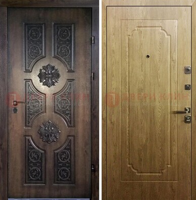 Железная коричневая дверь с виноритом и терморазрывом Золотой дуб внутри ДВТ-101 в Самаре