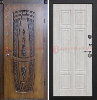 Железная коричневая уличная дверь с виноритом и МДФ Беленый дуб ДВТ-125 в Красноармейске