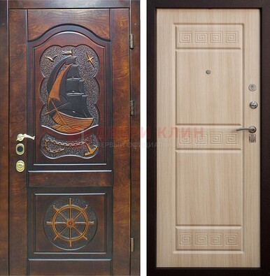 Коричневая железная дверь с виноритом и узором ДВТ-50 в Красноармейске
