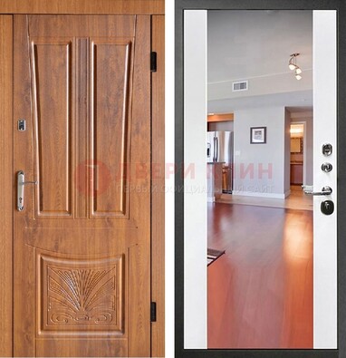 Входная коричневая дверь терморазрыв c виноритом и белая МДФ c зеркалом ДЗ-123 в Красноармейске