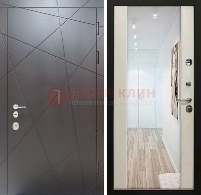 Железная коричневая дверь со светлой МДФ внутри и зеркалом ДЗ-125 в Красноармейске