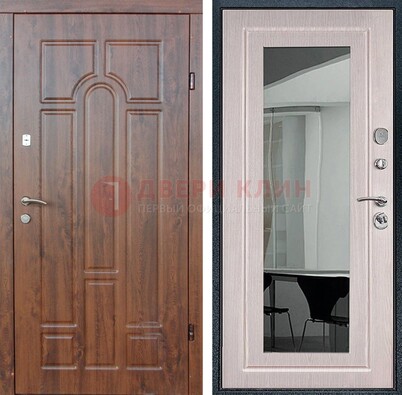 Входная коричневая дверь с МДФ Белый дуб и зеркалом ДЗ-126 в Дмитрове