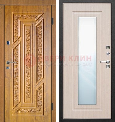 Коричневая железная дверь с зеркалом МДФ Белый дуб ДЗ-128 в Красноармейске