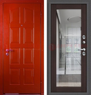 Красная металлическая дверь с МДФ и зеркалом ДЗ-136 в Красноармейске