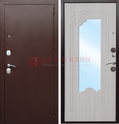 Коричневая металлическая дверь с зеркалом МДФ внутри ДЗ-33 в Красноармейске