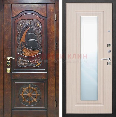 Темная уличная дверь с резьбой и зеркалом внутри ДЗ-49 в Красноармейске