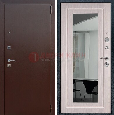 Входная дверь с порошковым напылением Медный антик/Белый дуб с зеркалом ДЗ-63 в Красноармейске