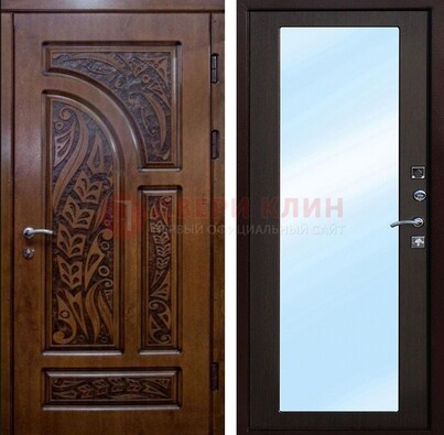 Коричневая входная дверь c узором и виноритом МДФ с зеркалом ДЗ-98 в Красноармейске