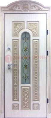 Белая железная дверь с МДФ и витражом ВЖ-26 в Красноармейске