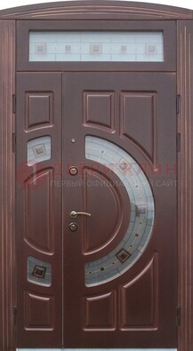 Коричневая двухстворчатая железная дверь с МДФ и витражом ВЖ-29 в Красноармейске