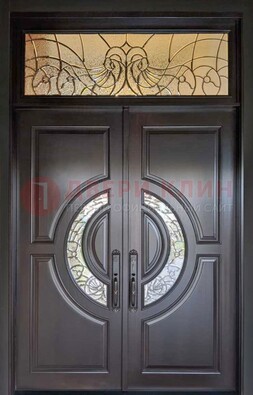 Чёрная двухстворчатая железная дверь с МДФ и витражом ВЖ-38 в Красноармейске