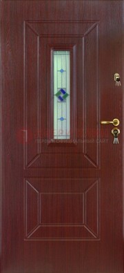 Бордовая железная дверь с витражом и отделкой массив ВЖ-3 в Электростали