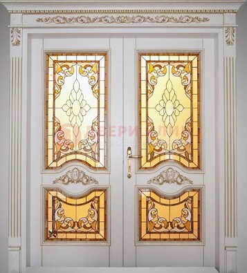 Элитная металлическая дверь с витражом и отделкой массив ВЖ-4 в Красноармейске