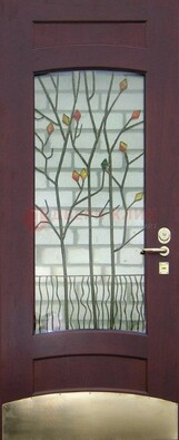 Бордовая стальная дверь с витражом и декоративным элементом ВЖ-3 в Красноармейске